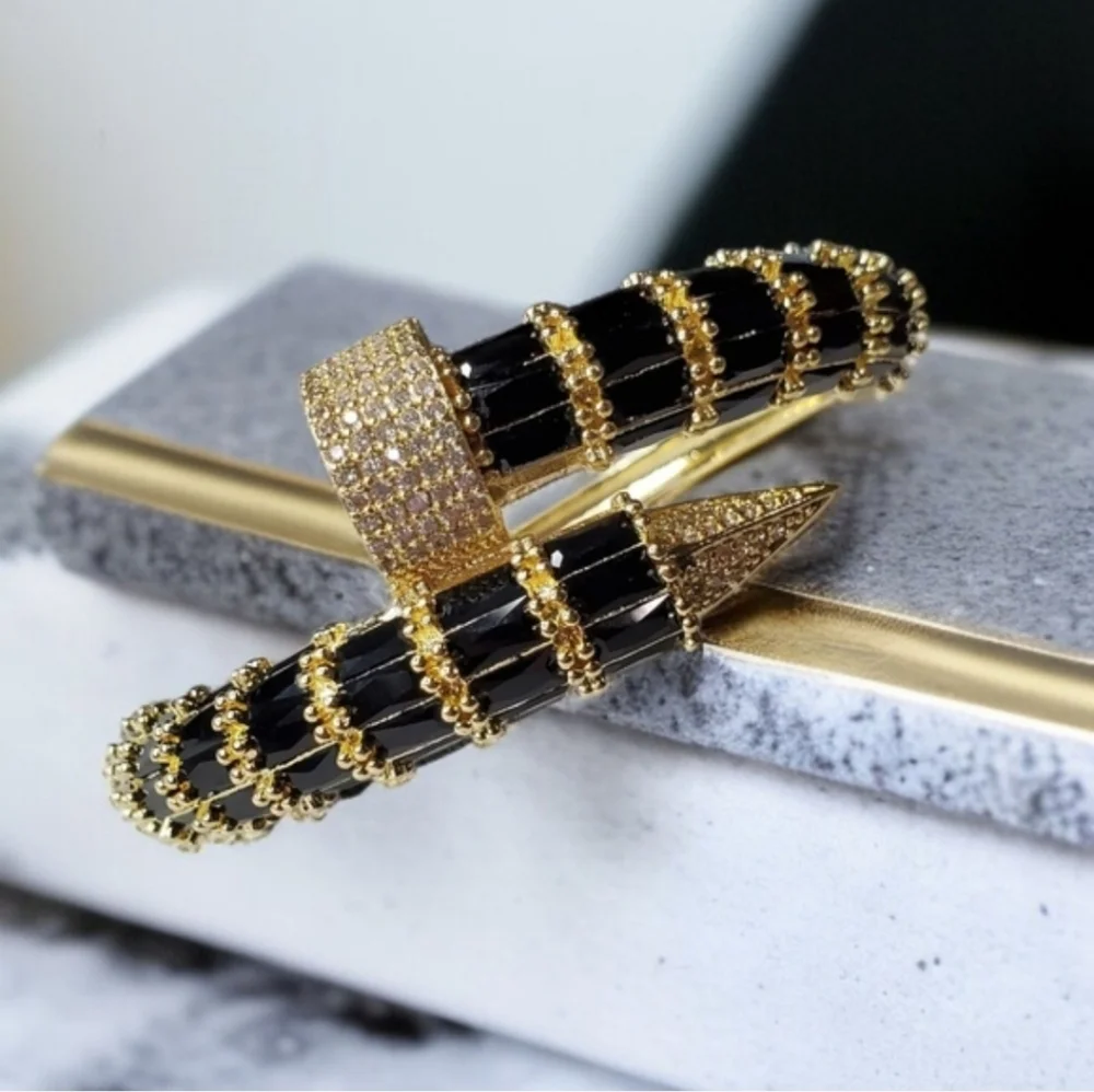 Chunky Luxury 18k Gold Plated Onyx Zircon Crystal Bracelet